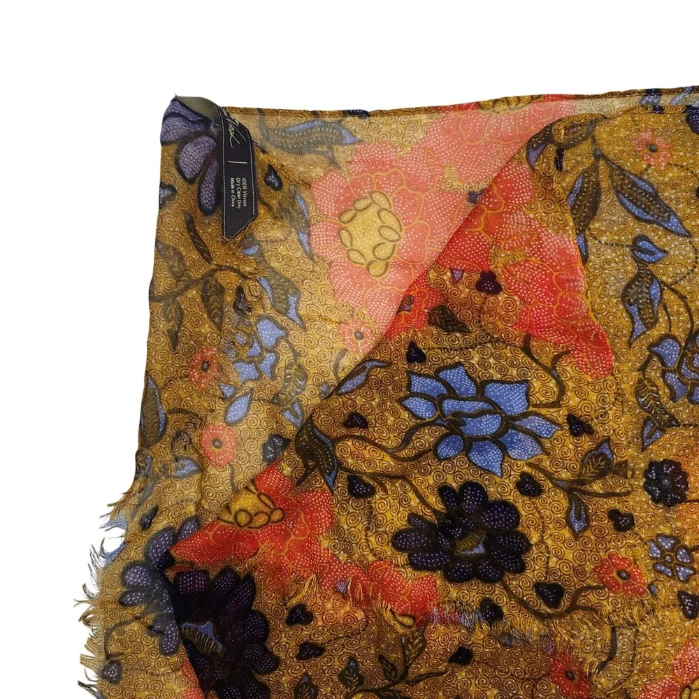 Patricia Nash Floral Batik Scarf Mustard Coral Blue Viscose Eyelash Fringe Wrap